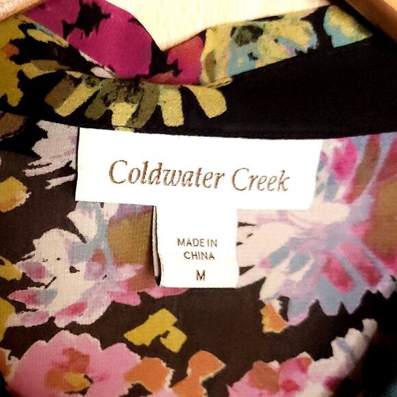 Coldwater Creek Black Sheer Floral Short Sleeve Button Front Blouse Medium - Picture 4 of 6
